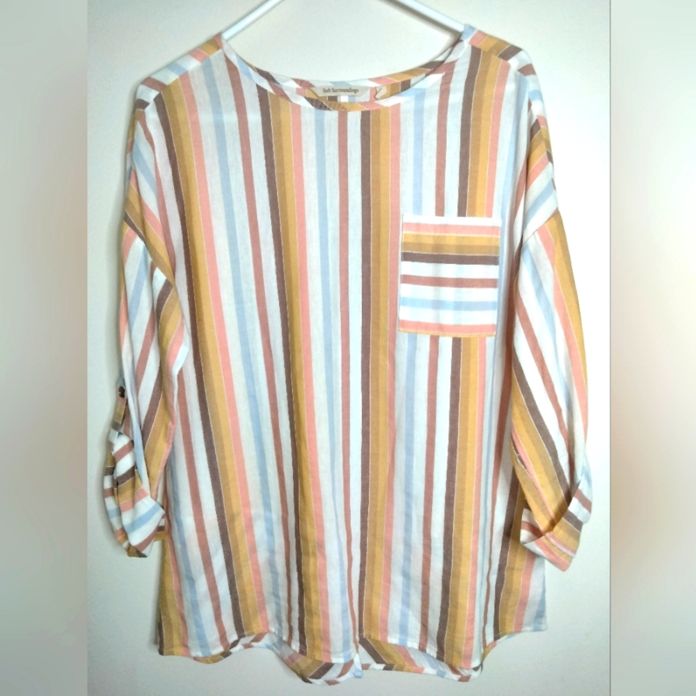 Soft Surroundings (Size S) Oversized Multicolor Striped Roll Tab Sleeves Blouse